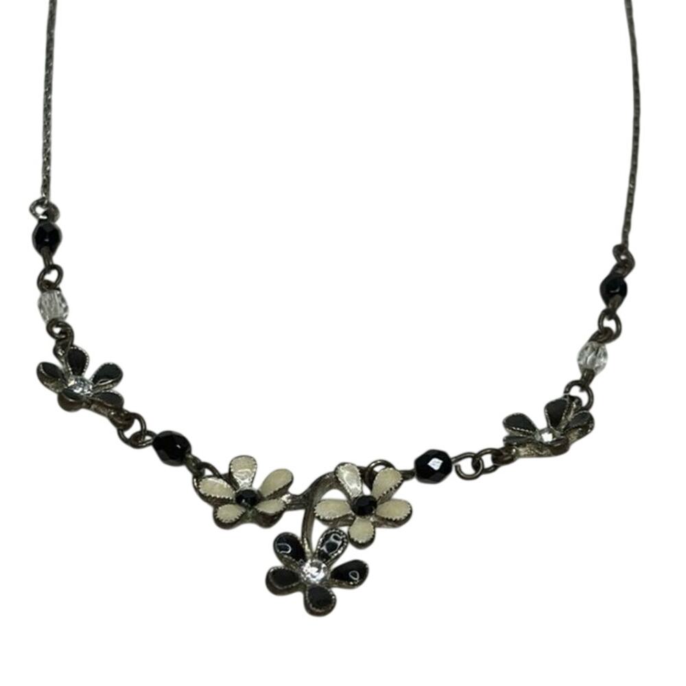 Black Enamel Flower Necklace Faceted Beads Floral Vine 16”